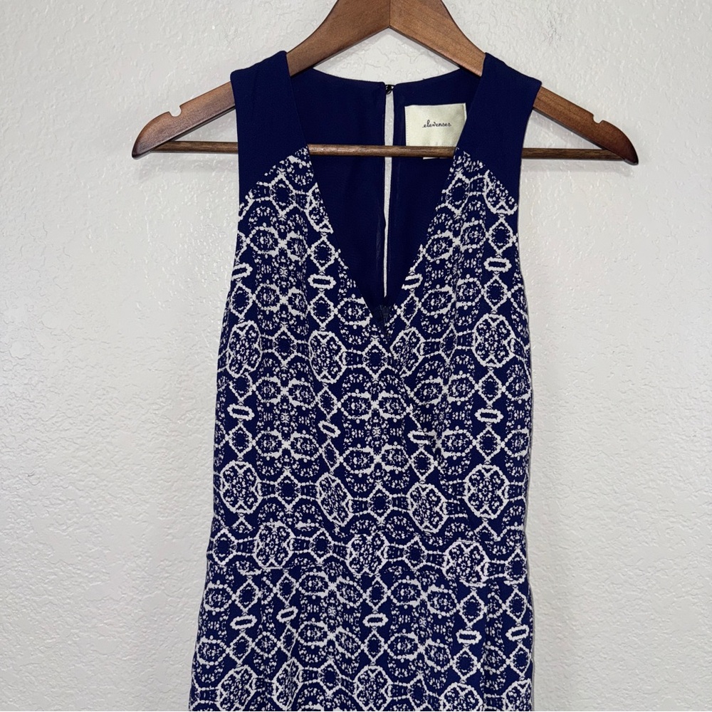Elevenses‎ Anthropologie Jumpsuit Elegant Blue Patterned Geometric Wide Leg #cc